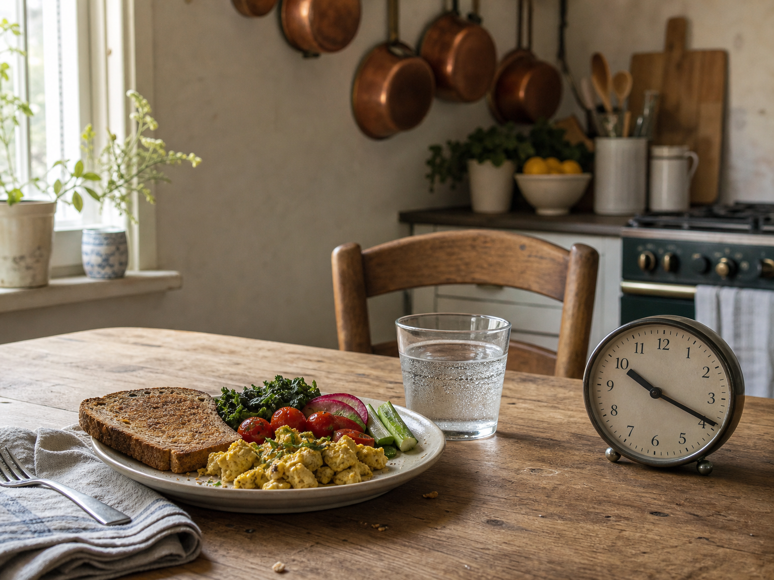 Ein Teller mit einer ausgewogenen Mahlzeit neben einer Uhr und einem Glas Wasser auf einem ruhigen Küchentisch.