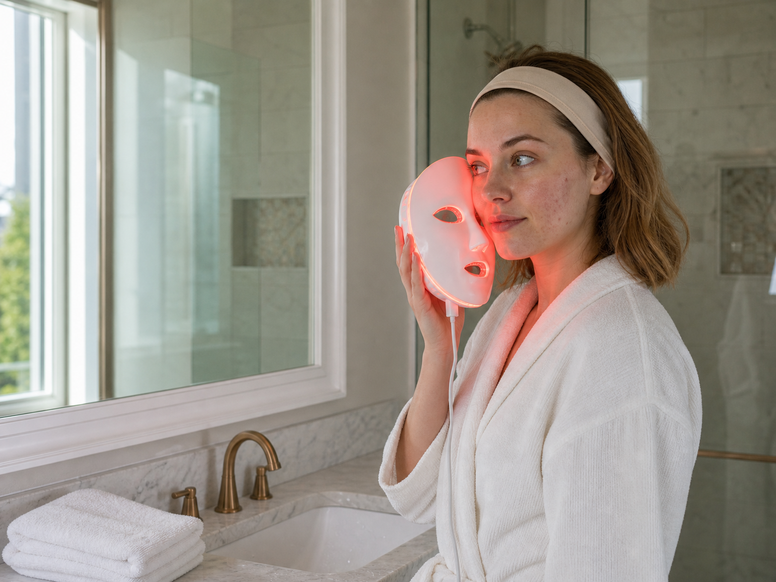 Eine Person verwendet während der abendlichen Hautpflegeroutine eine rote LED-Gesichtsmaske.