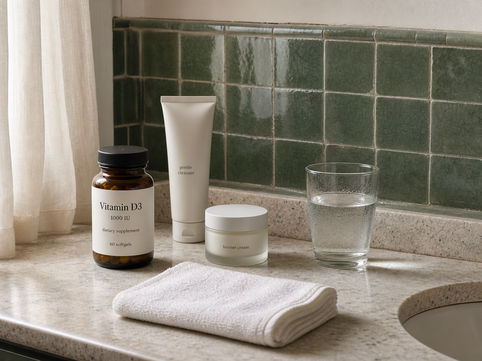 Unmarkierte Flasche eines Vitamin-D3-Nahrungsergänzungsmittels neben Hautpflegeprodukten auf einer aufgeräumten Badezimmertheke.