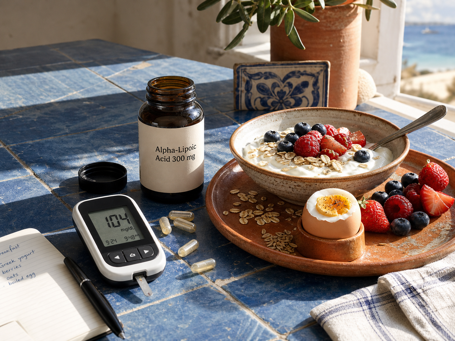 Kapseln mit Alpha-Liponsäure neben einem Glukosemessgerät und einem ausgewogenen Frühstück.