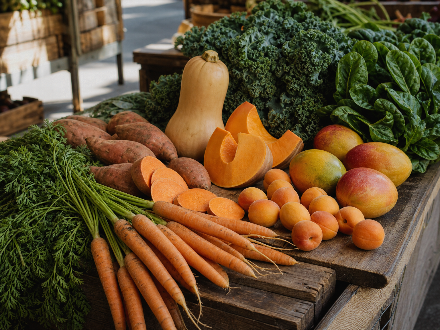 Farbenfrohe, Beta-Carotin-reiche Lebensmittel wie Karotten, Süßkartoffeln, Kürbis, Mango, Aprikosen und Blattgemüse.