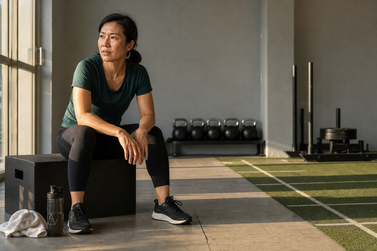 Masters-Sportler pausiert zwischen wiederholten hochintensiven Belastungen im Fitnessstudio.