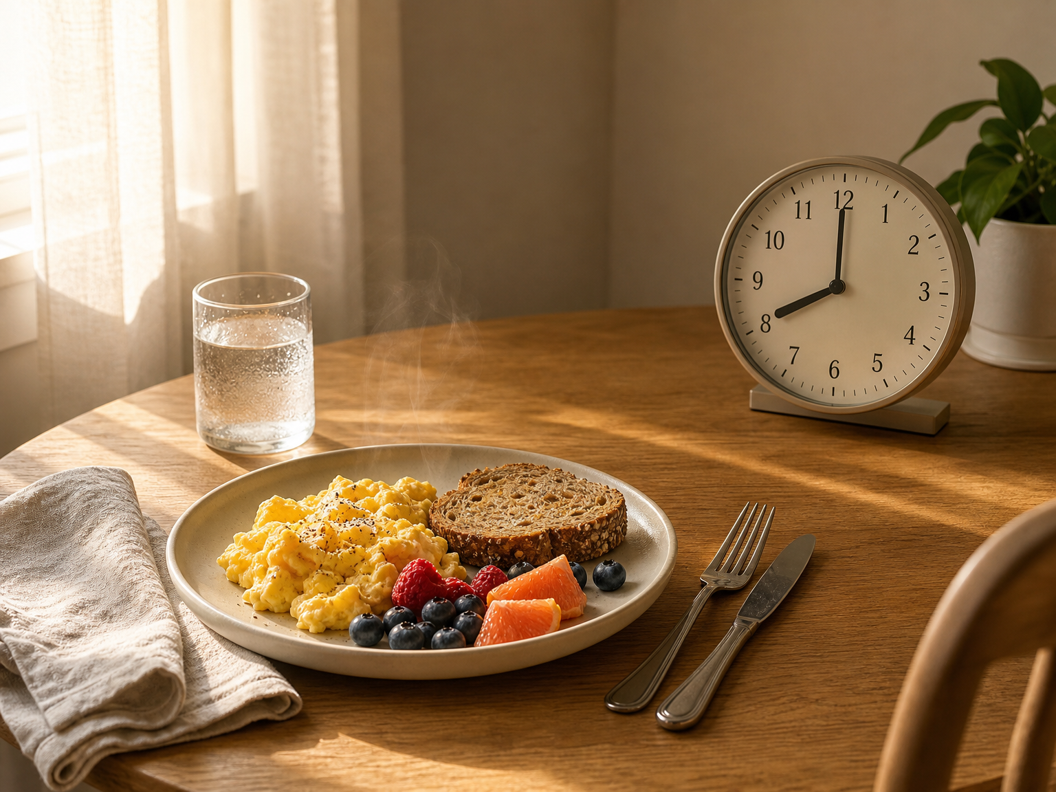 Frühstücksteller neben einer analogen Uhr im weichen Morgenlicht.