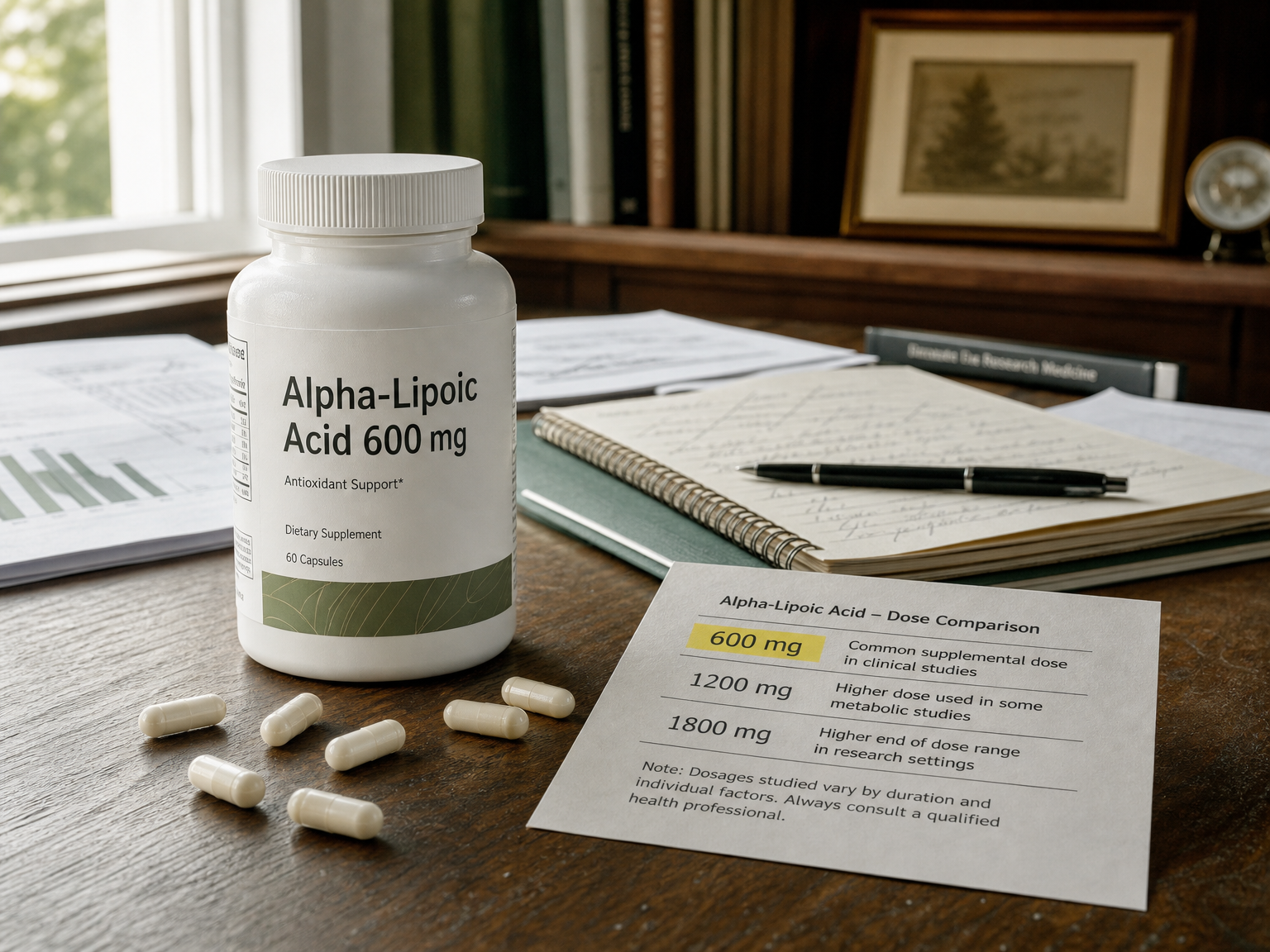 Generic alpha-lipoic acid 600 mg supplement bottle beside capsules and a simple dose note.