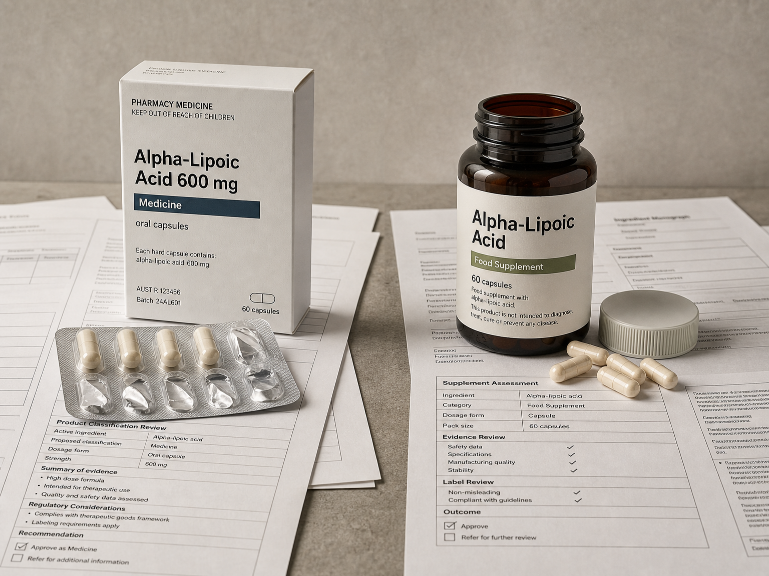 Generic alpha-lipoic acid medicine packaging beside a supplement bottle, illustrating different regulatory categories.