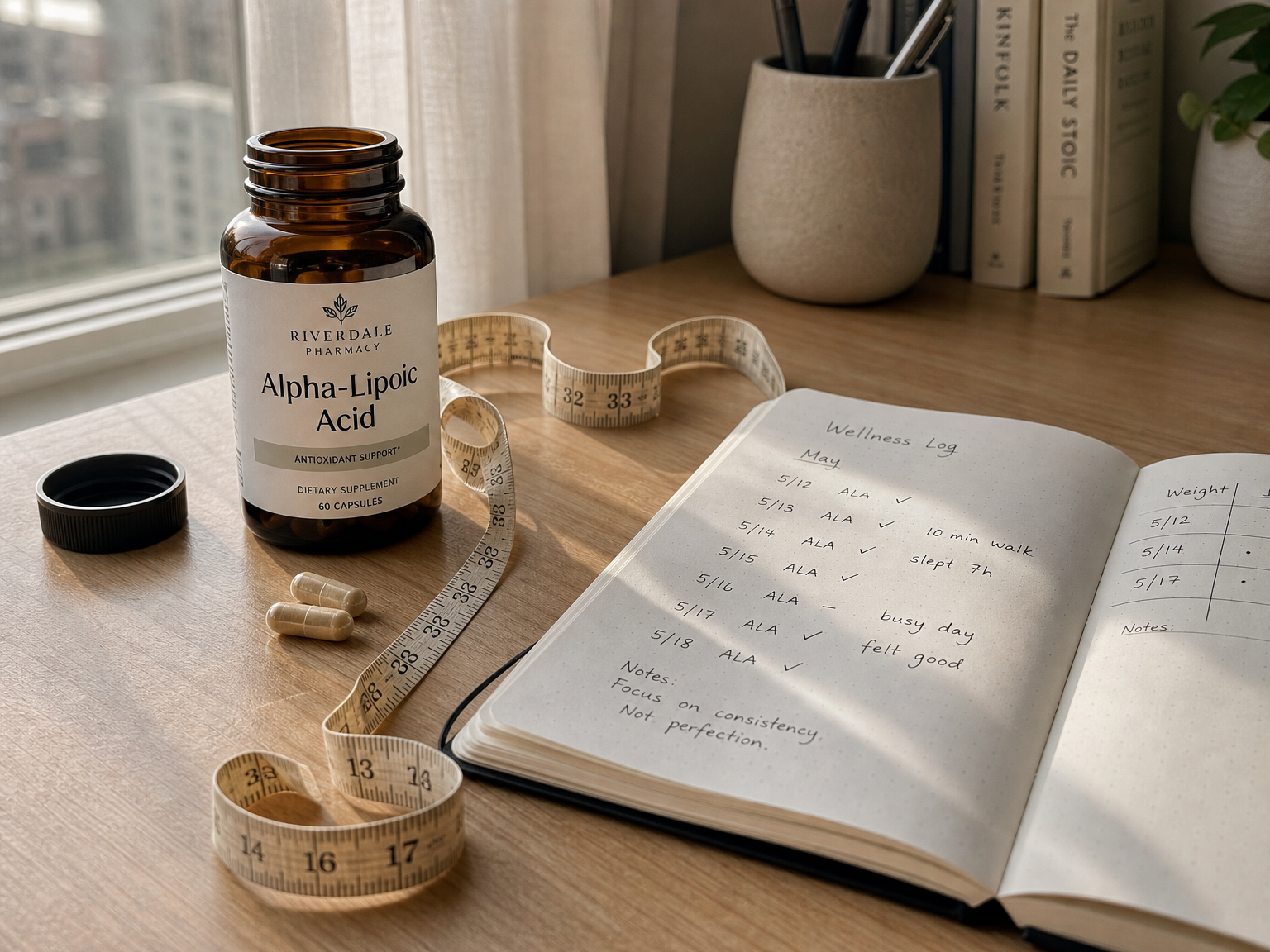 Alpha-lipoic acid supplement bottle with capsules, measuring tape and notebook on a desk.