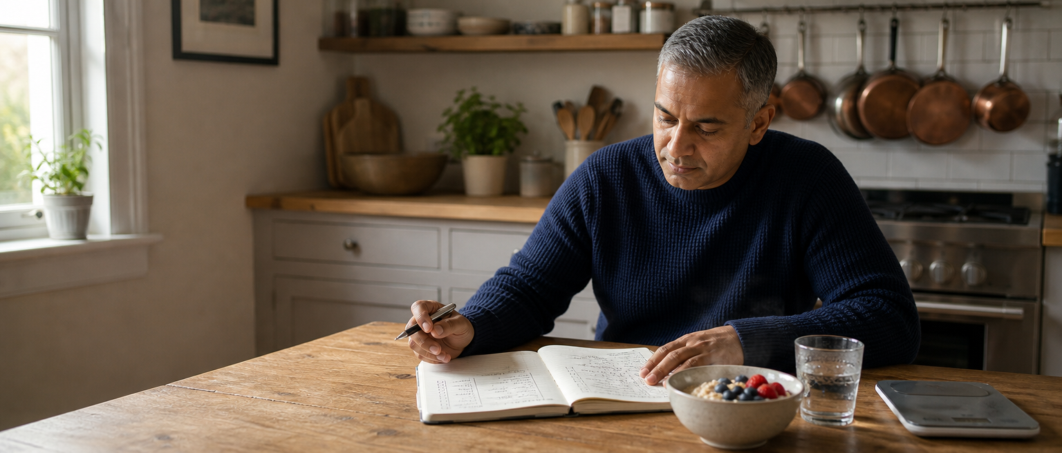 Man reviewing a health notebook beside a balanced breakfast and kitchen scale.