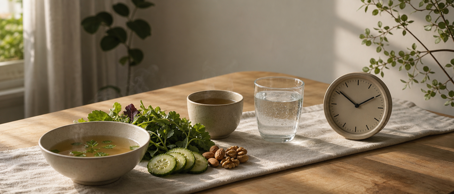 Small plant-based meal with tea, water and a clock representing fasting timing.