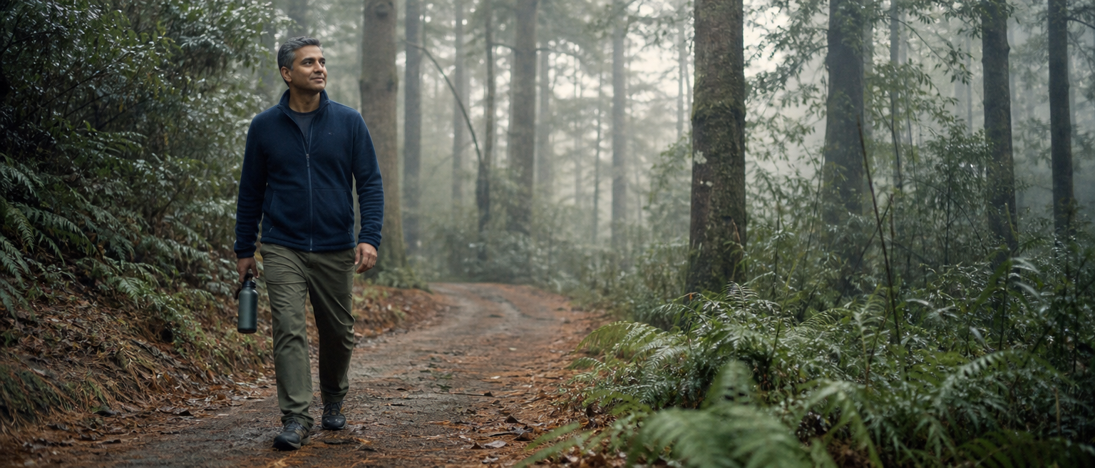 Man walking on a misty forest trail with water during a morning fast.