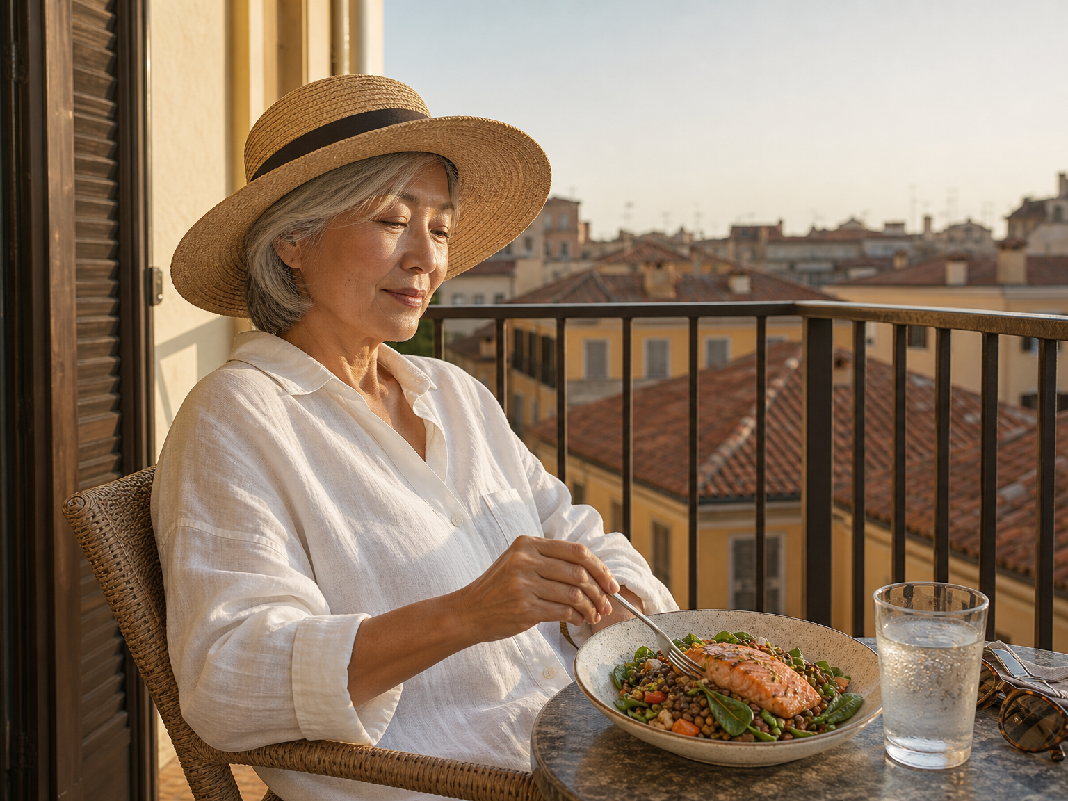 Woman in a straw hat eating a protein-rich salad in the shade after being outdoors.
