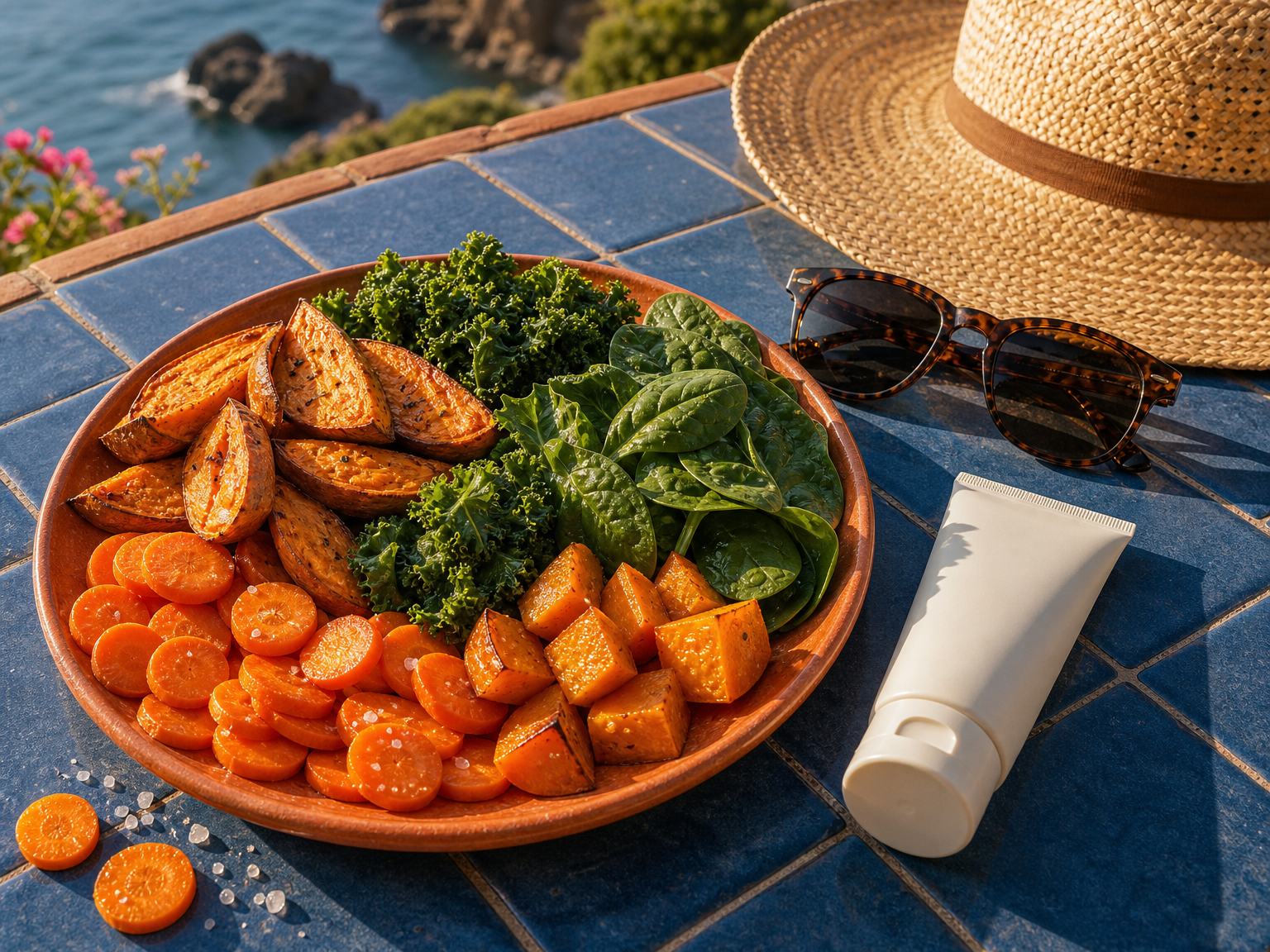 Plate of orange and green beta-carotene-rich foods beside sunscreen, sunglasses and a sun hat.