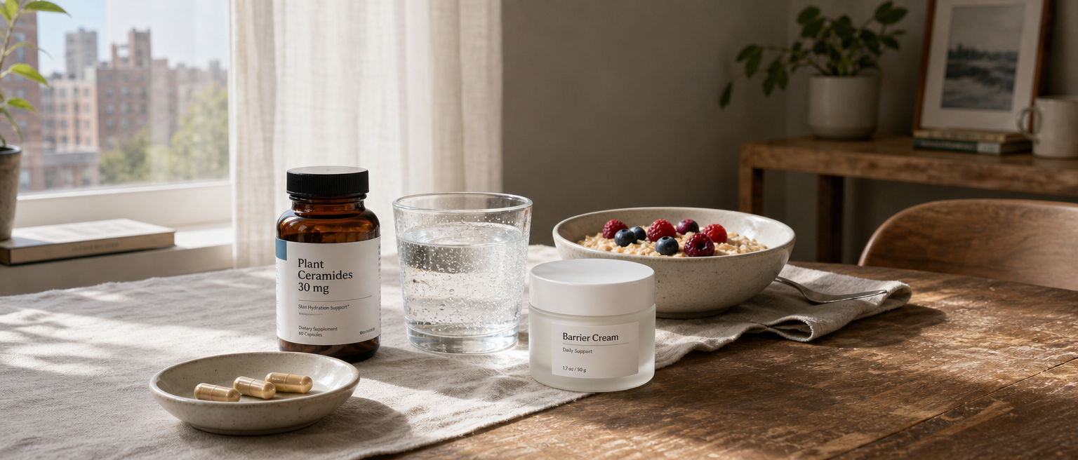 Generic plant ceramide supplement bottle with capsules, water, breakfast and barrier cream.