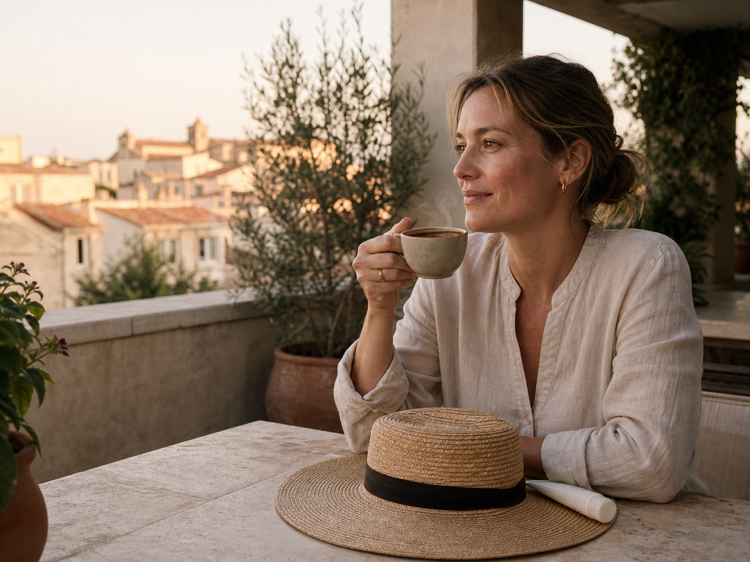 Man on a shaded rooftop terrace with cocoa drink, sun hat, and sunscreen.