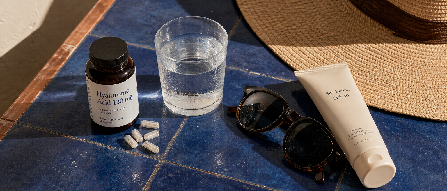Hyaluronic acid supplement, water, sunscreen, sunglasses and sun hat arranged as a sun-care routine.