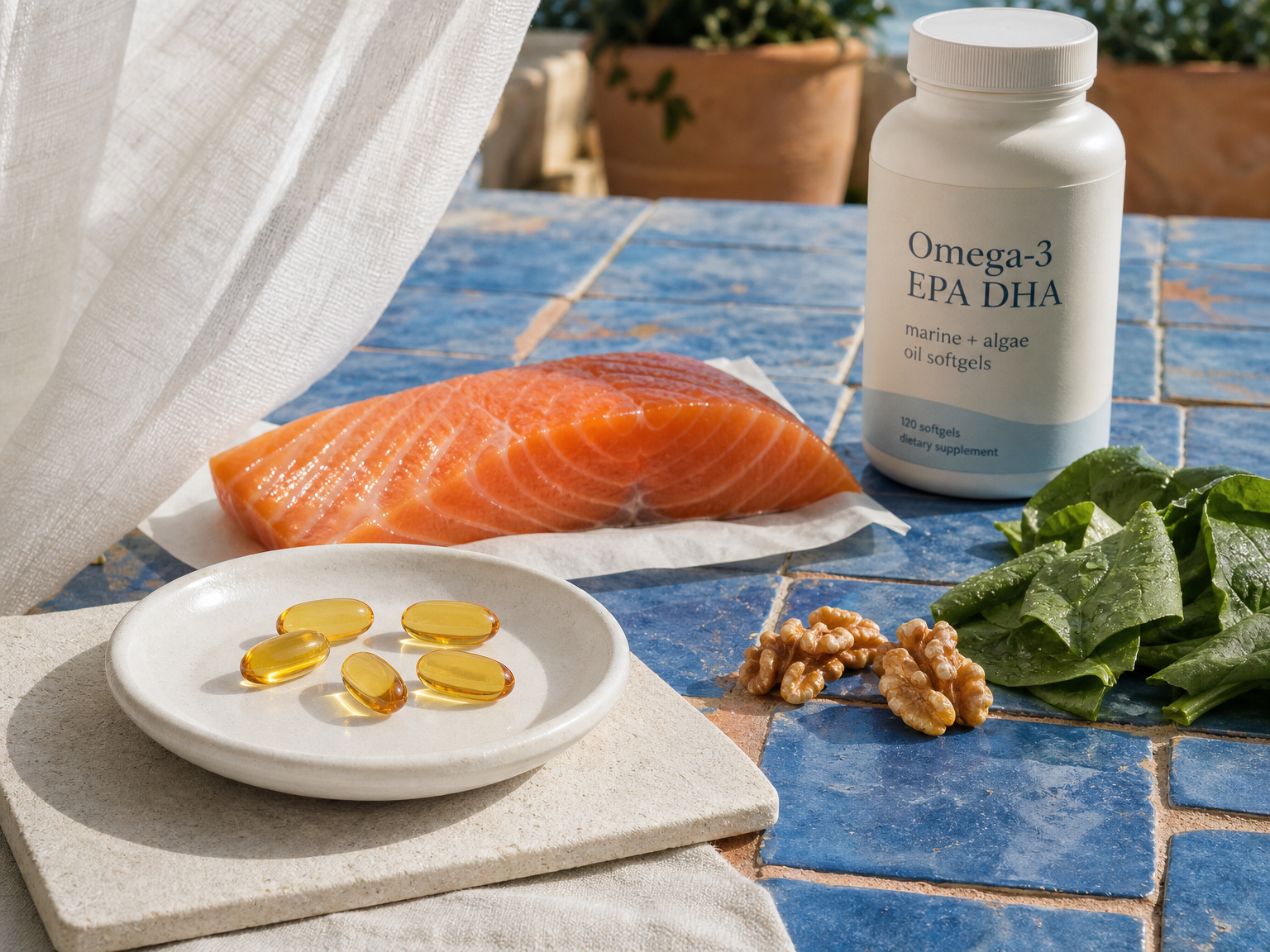 Omega-3 capsules beside salmon, walnuts, leafy greens and a generic EPA DHA supplement bottle.