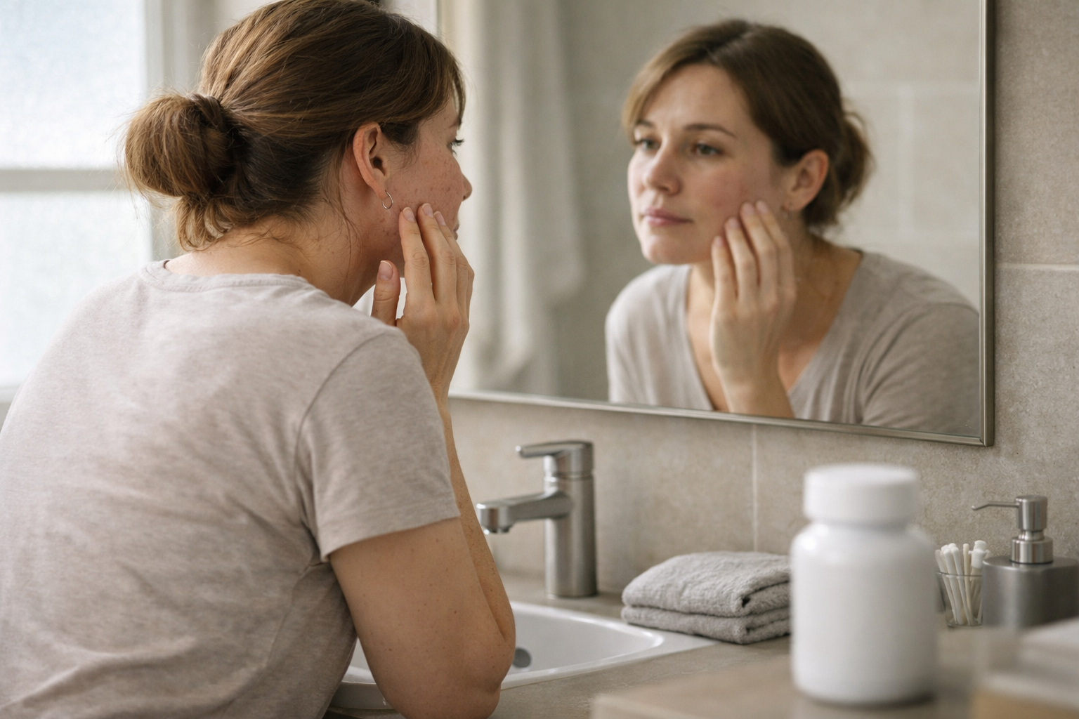 Adult examining mild facial acne in a mirror with an unbranded supplement bottle nearby.