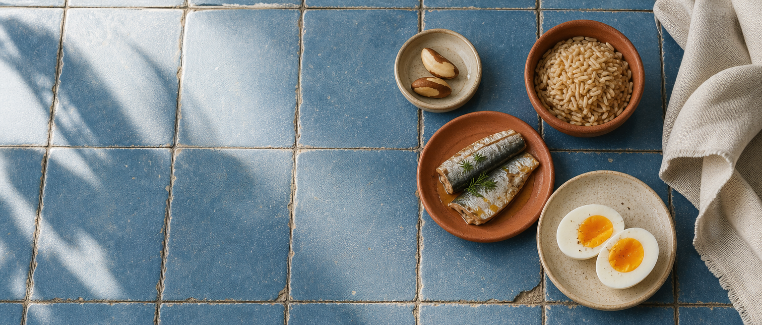 Small portions of selenium-rich foods including Brazil nuts, egg, fish and whole grains.
