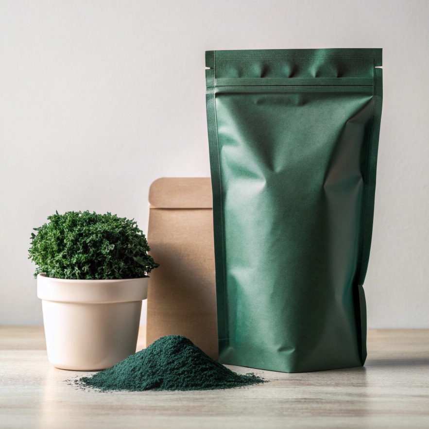 Green powder product on a table