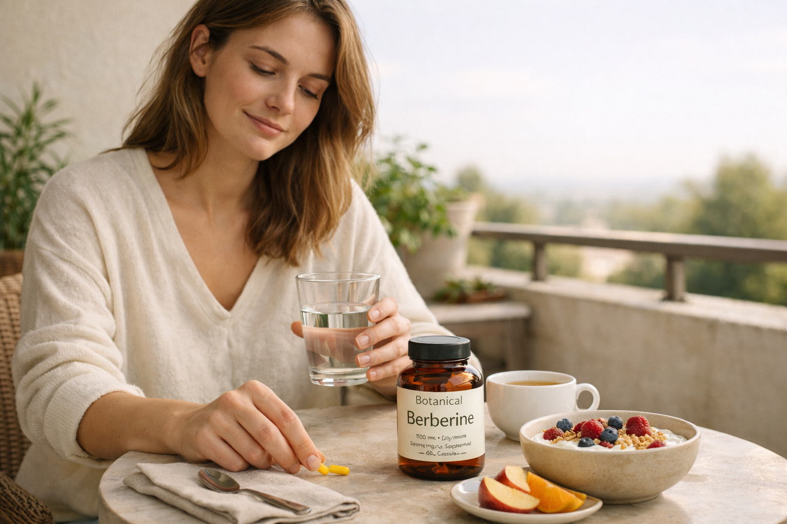 Adult taking a berberine supplement with water beside a healthy breakfast