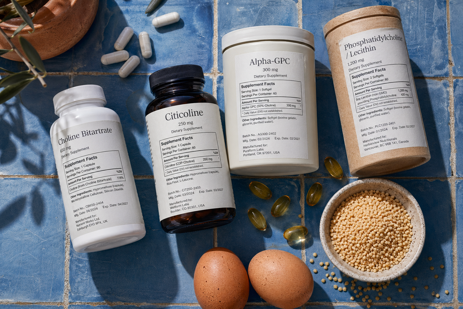 Choline supplement forms with eggs and soy lecithin arranged on a table