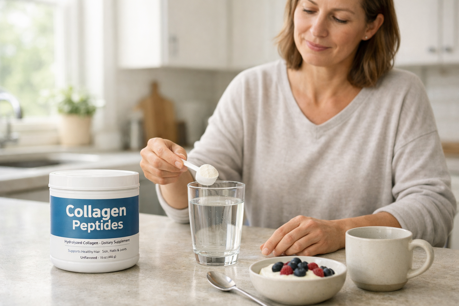 Adult taking collagen supplement powder in a bright kitchen during a morning routine