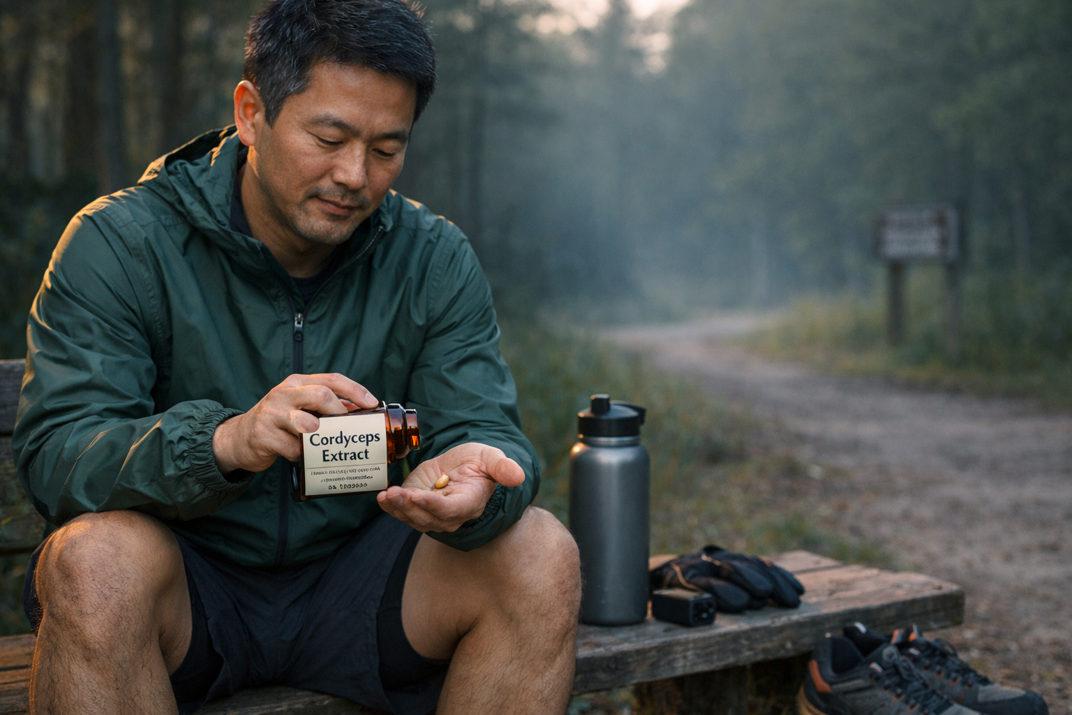 Runner taking a cordyceps supplement before a morning workout