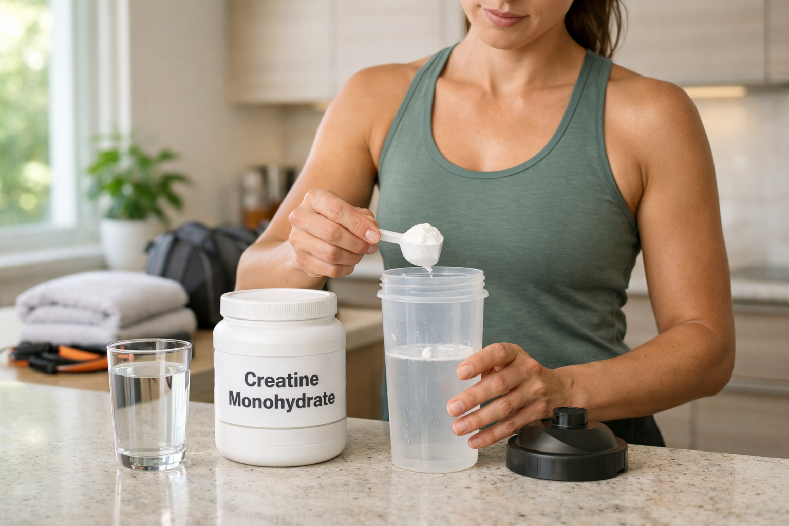 Adult adding creatine monohydrate powder to a shaker before exercise