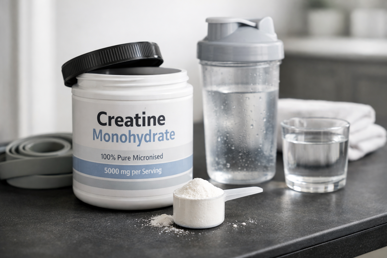 Creatine monohydrate tub, scoop, water bottle, and gym accessories for daily use