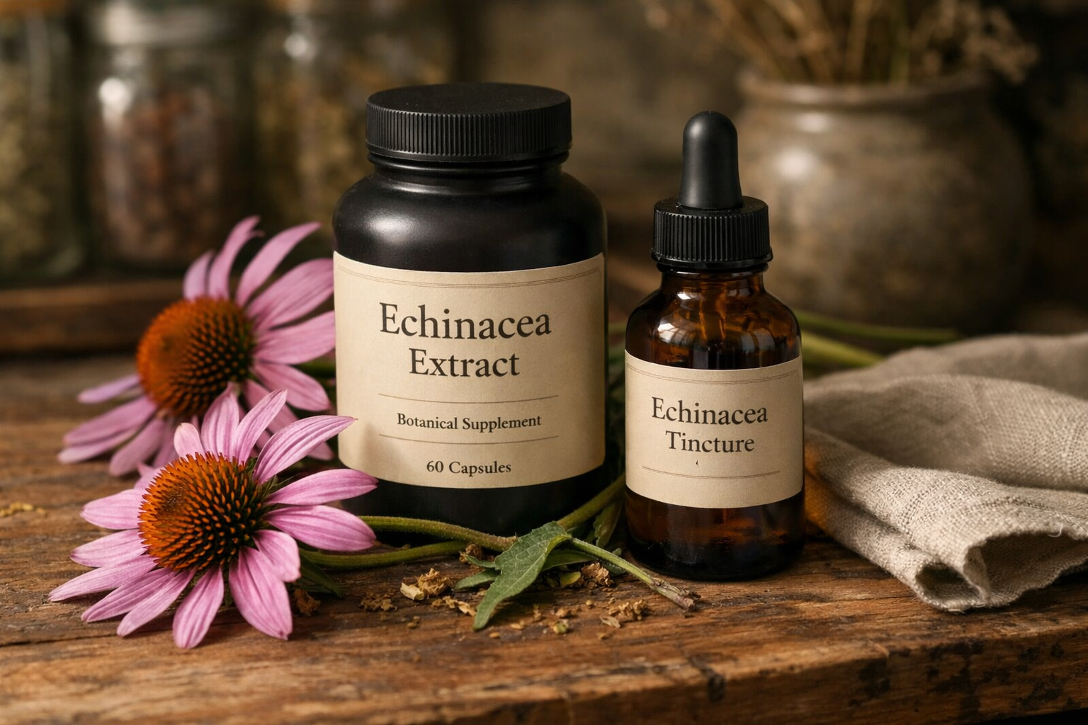 Echinacea flowers with supplement bottle and tincture on a wooden table