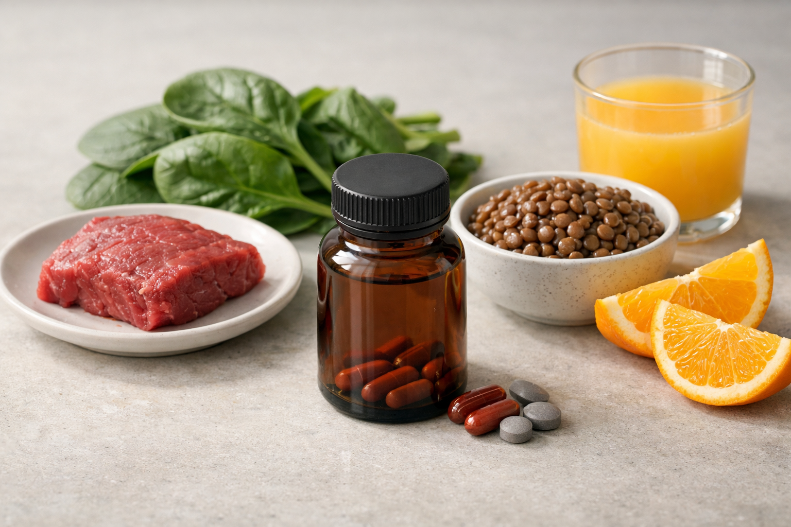 Iron supplements beside iron-rich foods and citrus on a tabletop