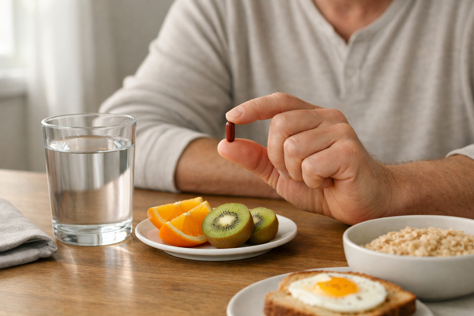 Person taking an iron supplement with water and citrus fruit