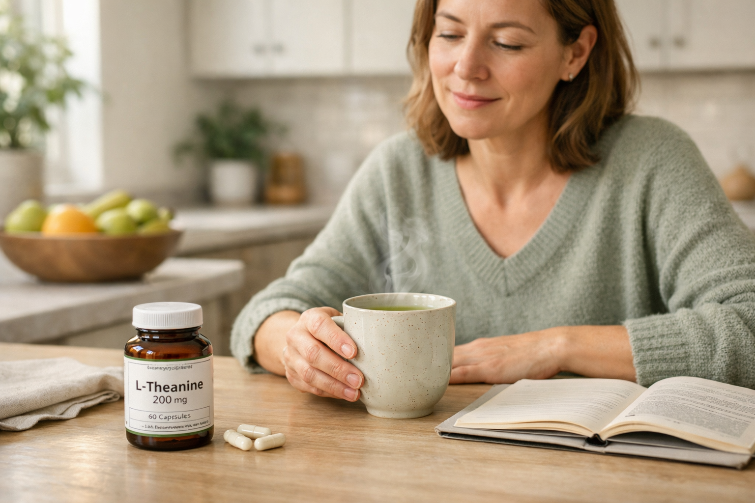 Person drinking green tea beside an L-theanine supplement bottle