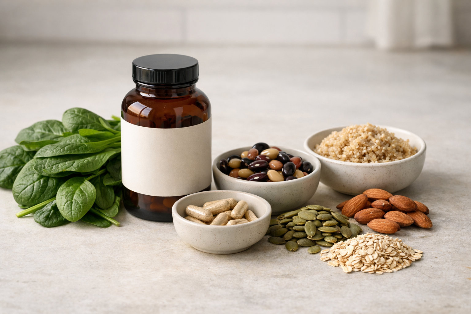 Magnesium supplement beside leafy greens, seeds, and nuts