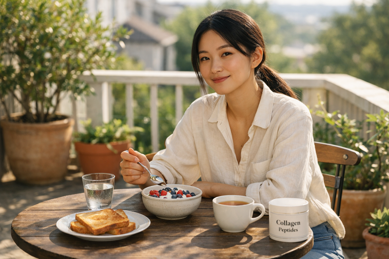 Woman stirring collagen peptides into yogurt at a breakfast table