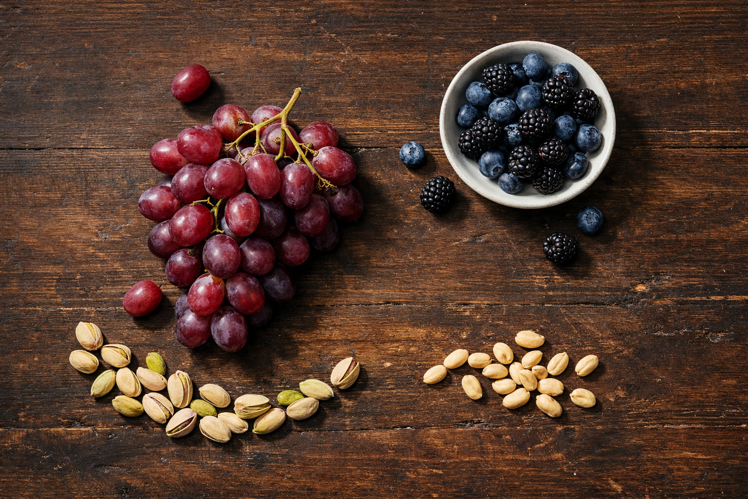 Red grapes, berries, peanuts, and pistachios shown as natural resveratrol food sources