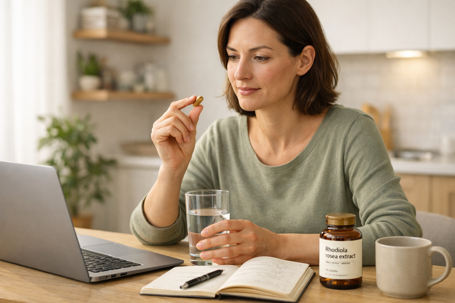 Person taking a rhodiola rosea capsule at a desk in morning light