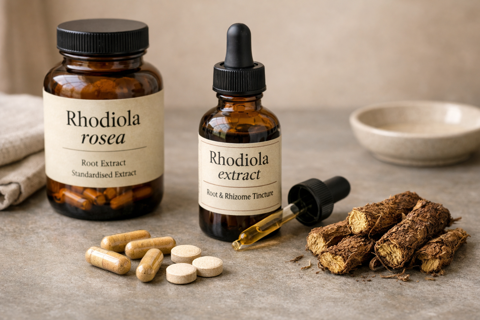 Rhodiola rosea bottle, tincture, capsules, and dried root on a table