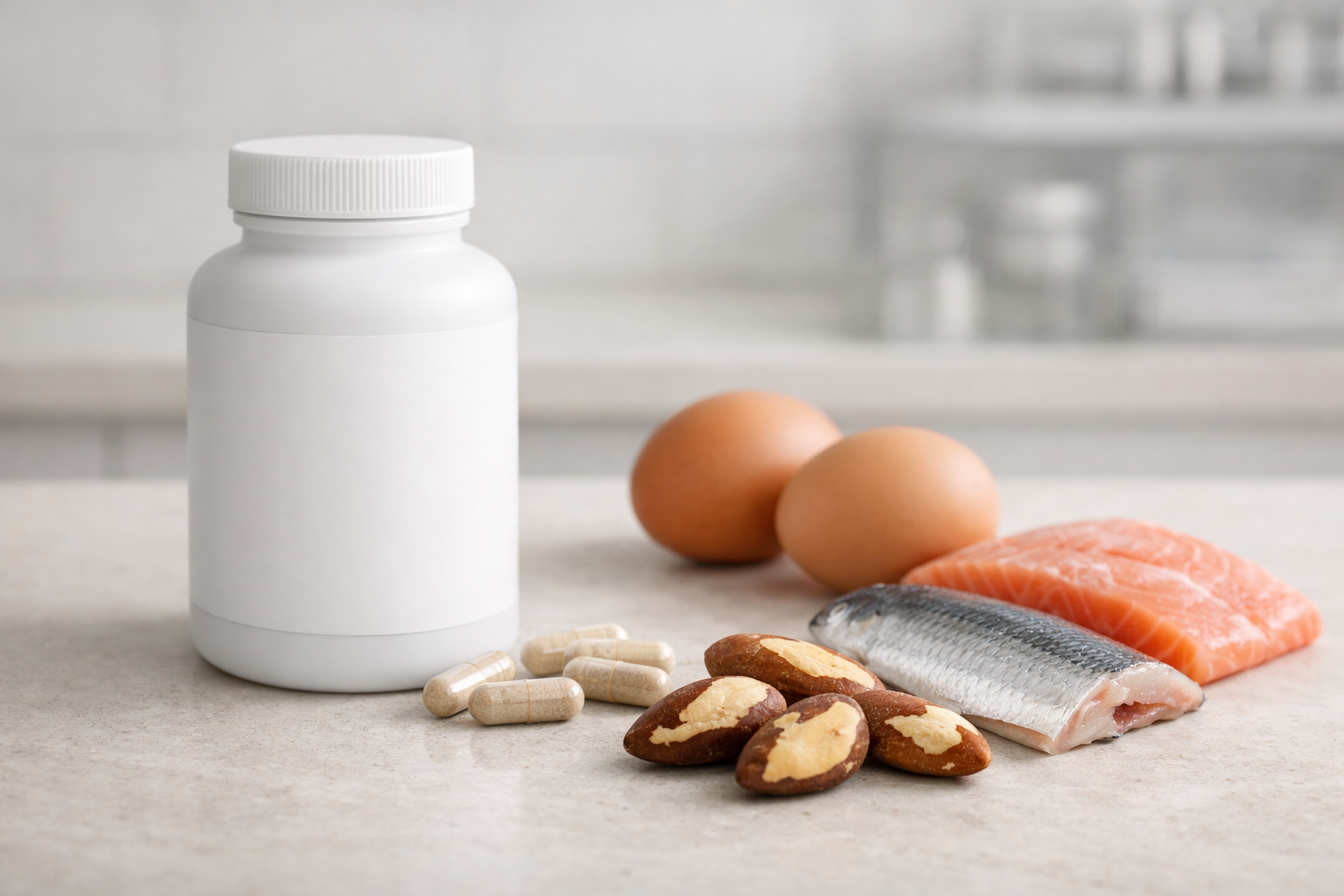 Selenium capsules with Brazil nuts, eggs, and fish on a clean surface
