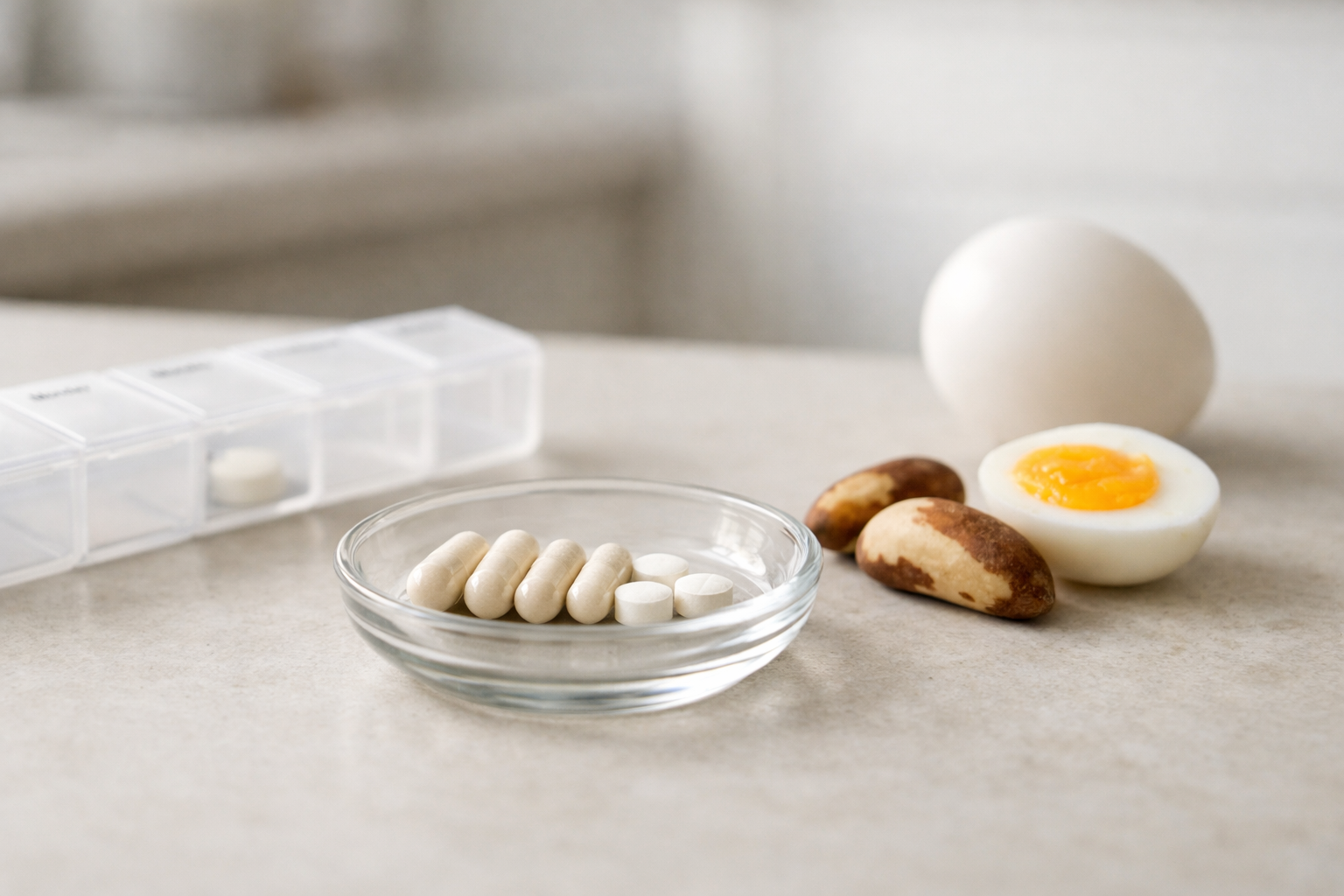 Measured selenium capsules with a pill organizer and Brazil nuts