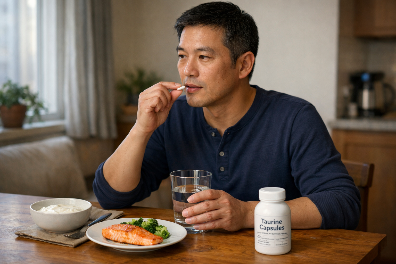 Person taking a taurine capsule with salmon, yogurt, and supplements at breakfast