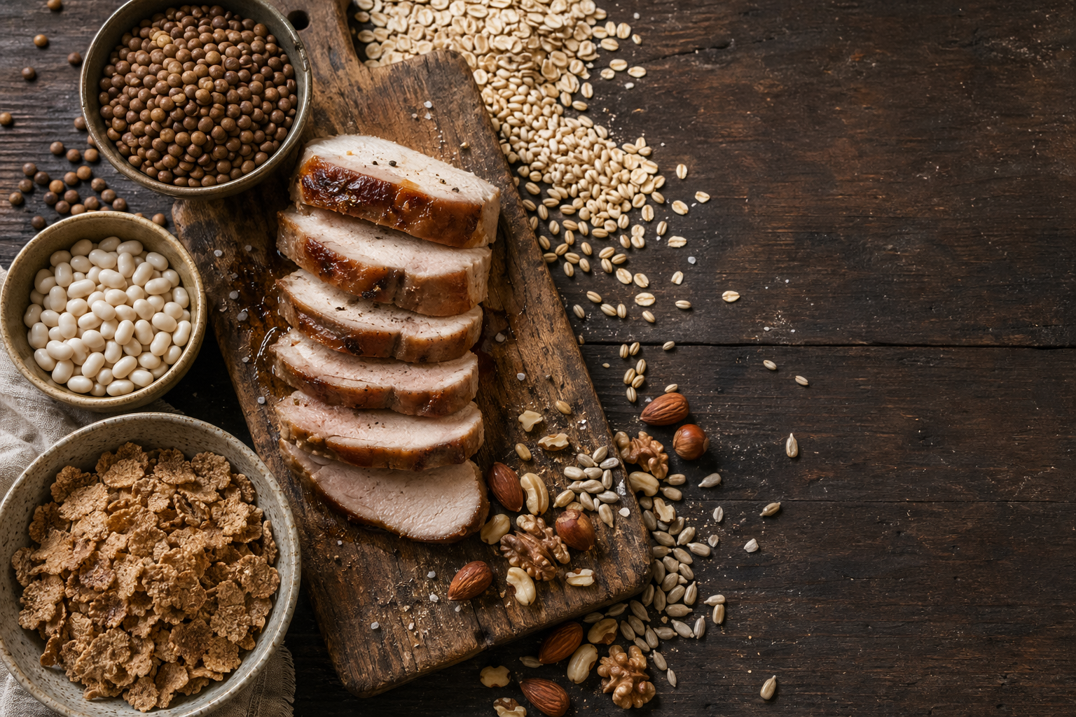 Thiamine-rich foods including whole grains, legumes, nuts, and pork arranged overhead