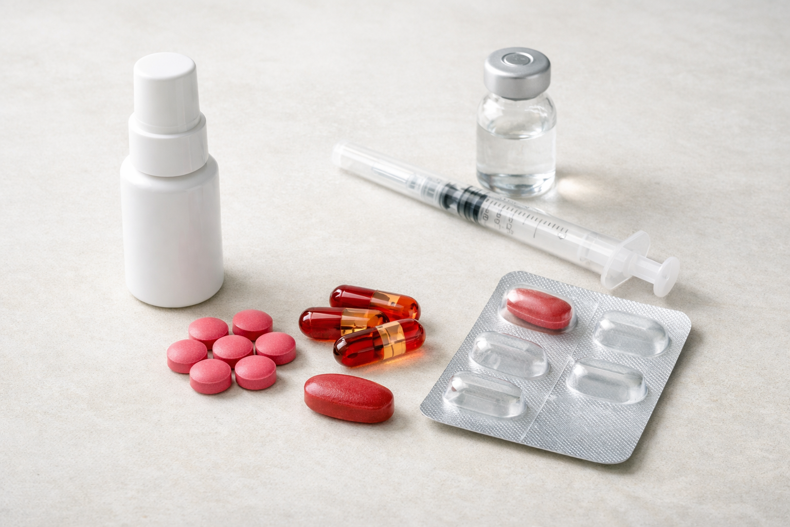 Different vitamin B12 tablets, spray, and supplement forms on a clean surface