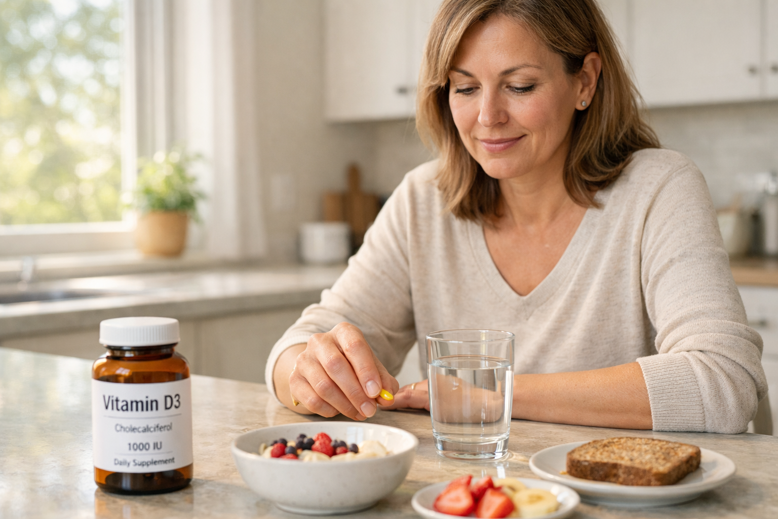 Person with breakfast foods and a vitamin D3 supplement in morning sunlight