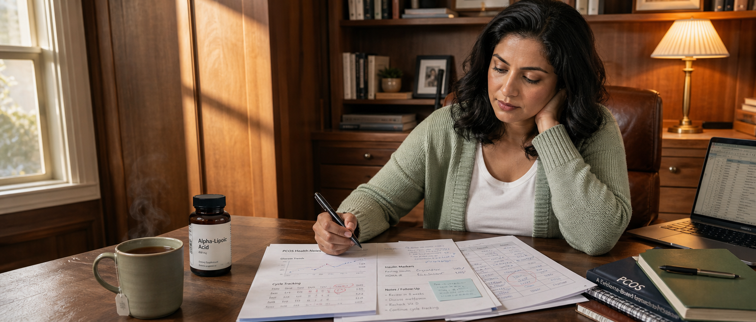 Woman reviewing PCOS health notes at a desk with an alpha-lipoic acid supplement bottle nearby.