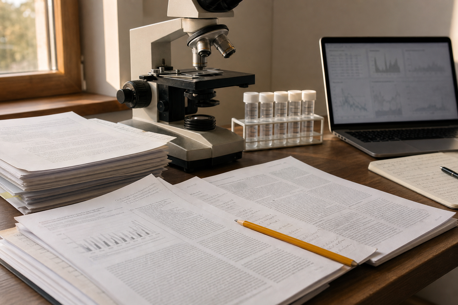 Mesa de investigación con artículos científicos y equipo de laboratorio que representa la evidencia sobre el ayuno.