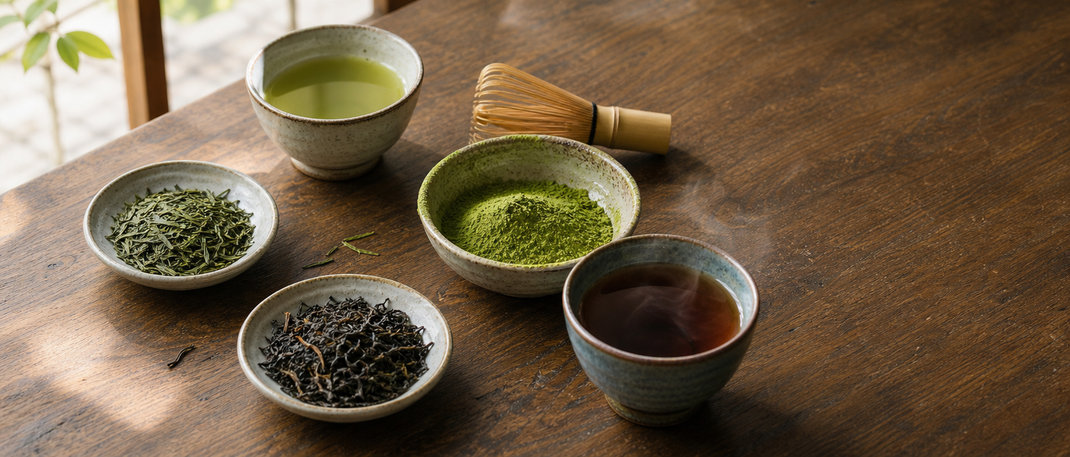 Té verde, té negro y matcha dispuestos como fuentes naturales de L-teanina.