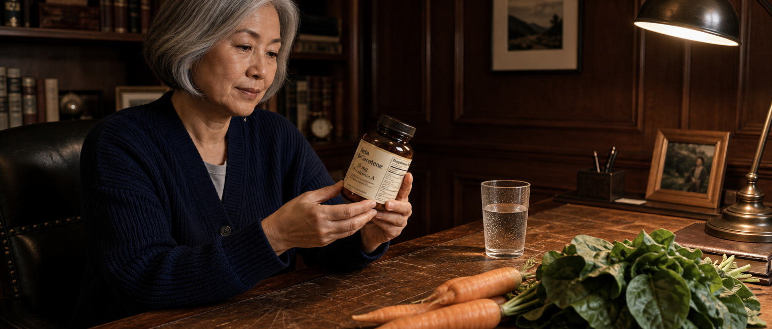 Mujer leyendo la etiqueta de un suplemento genérico de betacaroteno junto a zanahorias, espinacas y un vaso de agua.