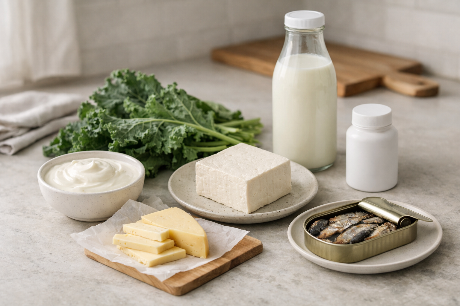 Alimentos ricos en calcio y un bote de suplemento sencillo sobre la encimera de una cocina