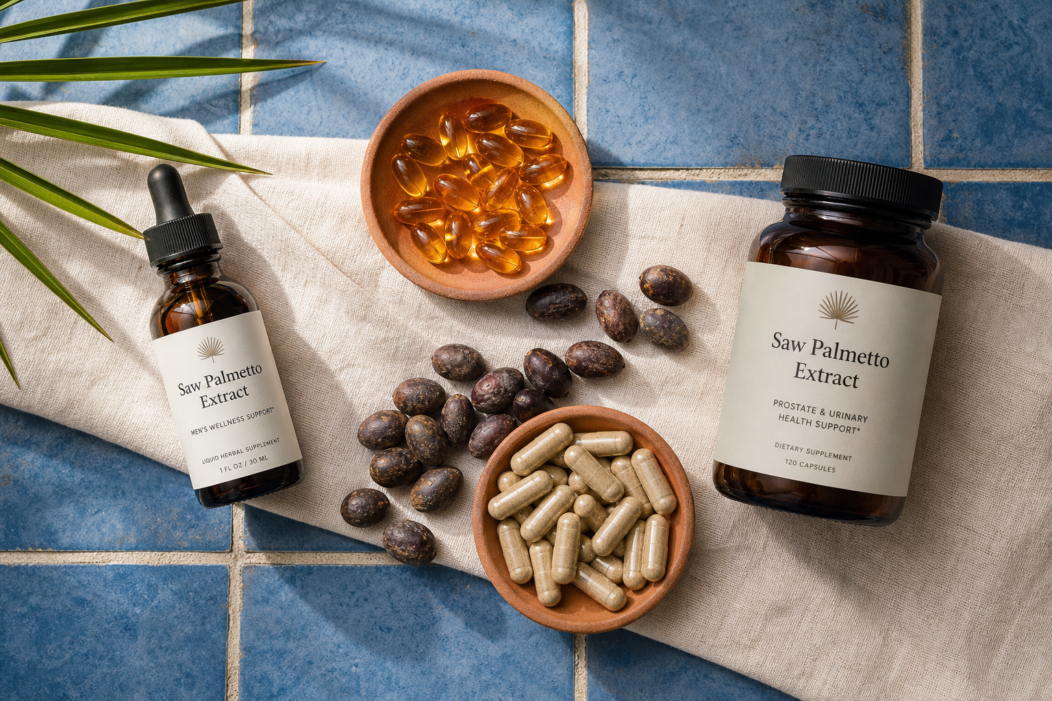 Bayas de saw palmetto, cápsulas, cápsulas blandas y frascos de tintura sobre una mesa