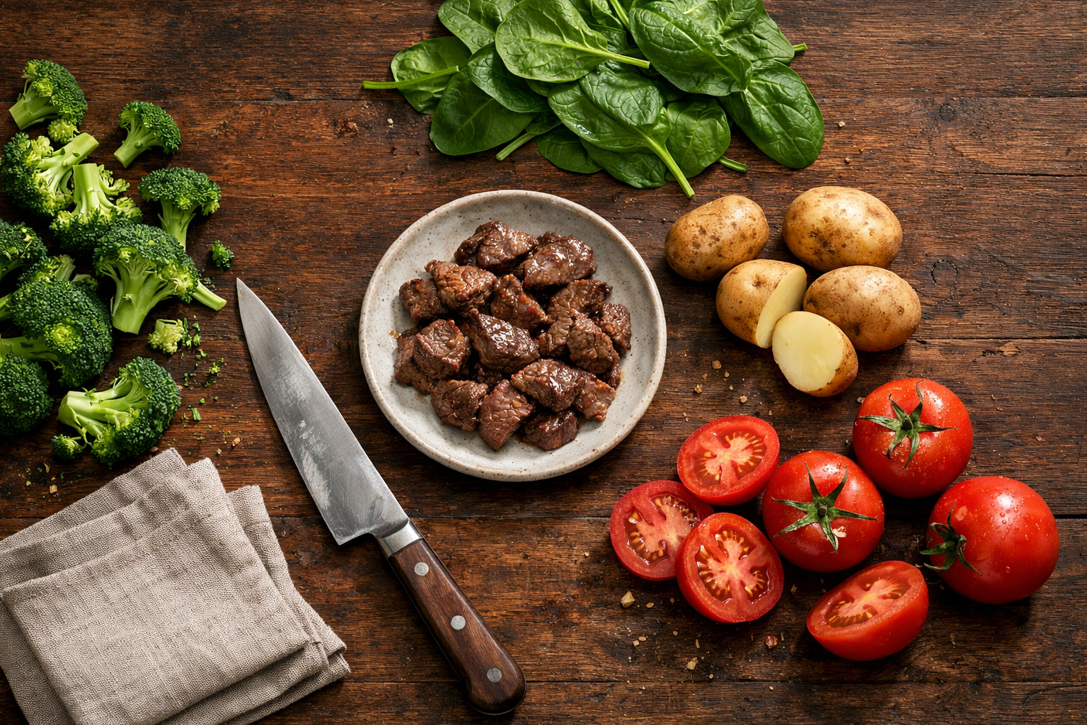 Vue de dessus de brocoli, d’épinards, de tomates, de pommes de terre et de bœuf, sources alimentaires d’acide alpha-lipoïque